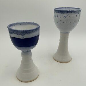 2 Sgnd Amy L Pottery Goblets Glazed Wine Chalices Blue & White